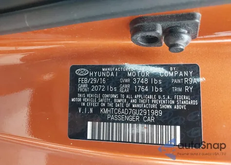 2016 Hyundai Veloster из США, поврежденный, VIN KMHTC6AD7GU291989